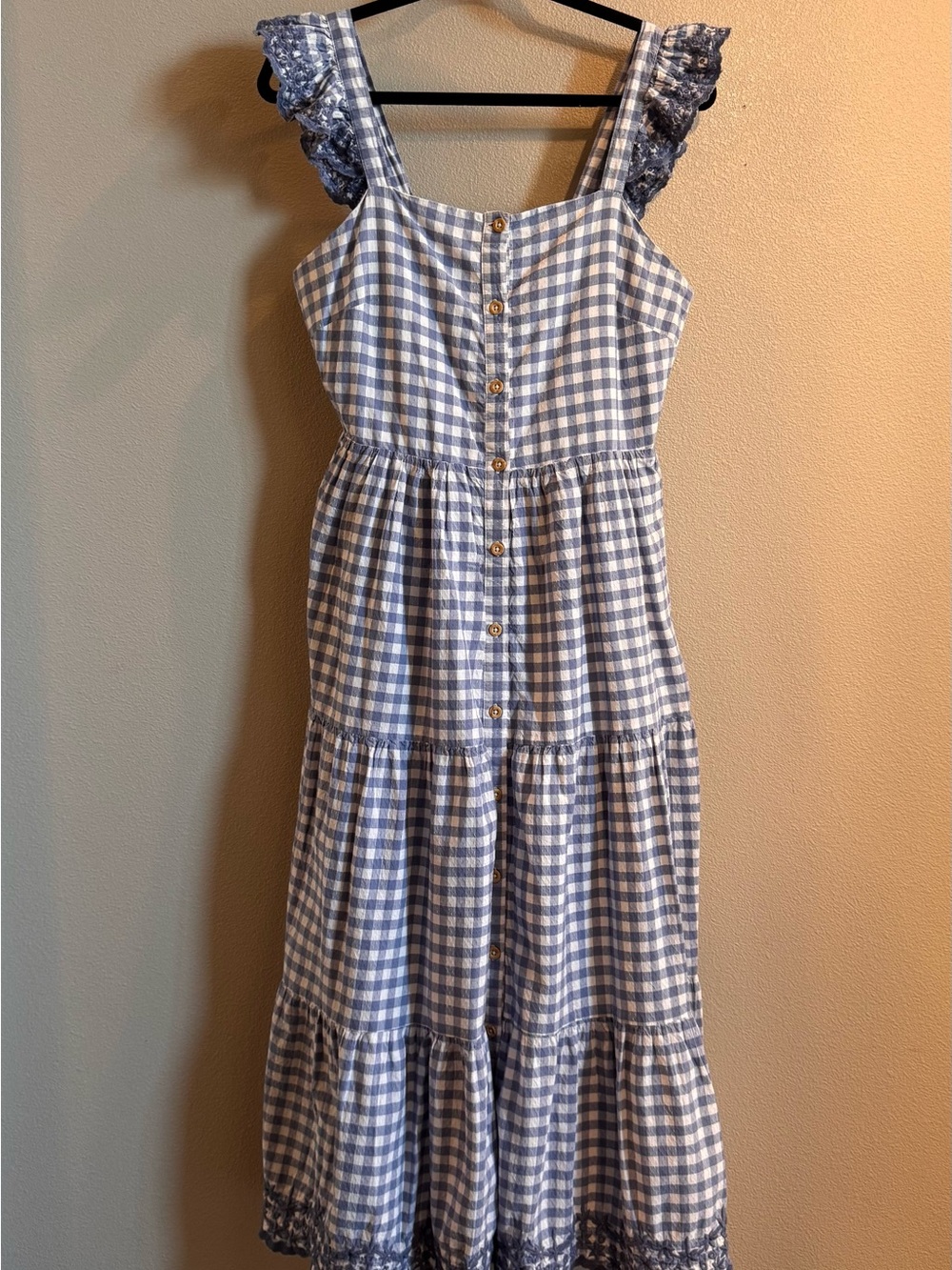 Shabby Chic Isla Blue Gingham Maxi Dress with Lace Ruffled Straps